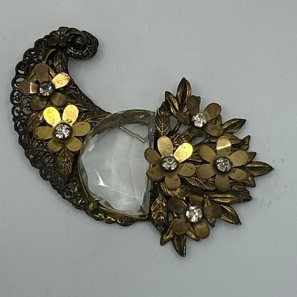 Antique Crystal Brass Faceted Glass Floral Huge Cornucopia Brooch Rare Statement